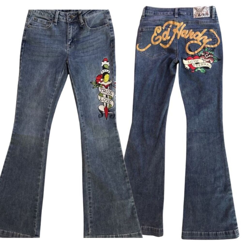 Ed Hardy Embroidered True Love Flare Jeans Womens 26 Love Eternal Spellout NEW
